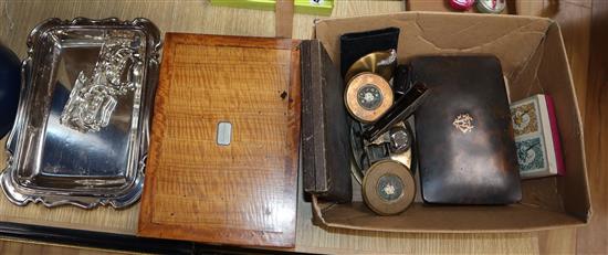 A tortoiseshell box, another, a pair of scales, fan, two compacts, enamel spoons, sewing box and plated entree dish